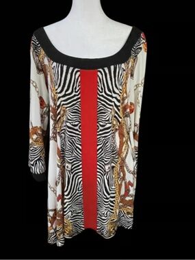 Eva Varro Women’s Zebra Print Tunic Top with Red Stripe, Sz 1x